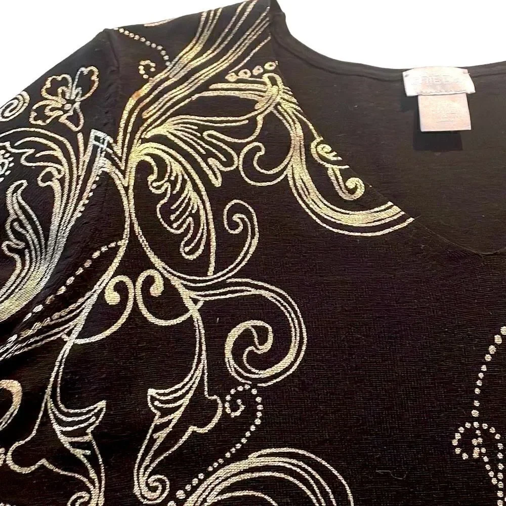 Chico’s black and metallic swirly print v-neck long sleeve sweater size M